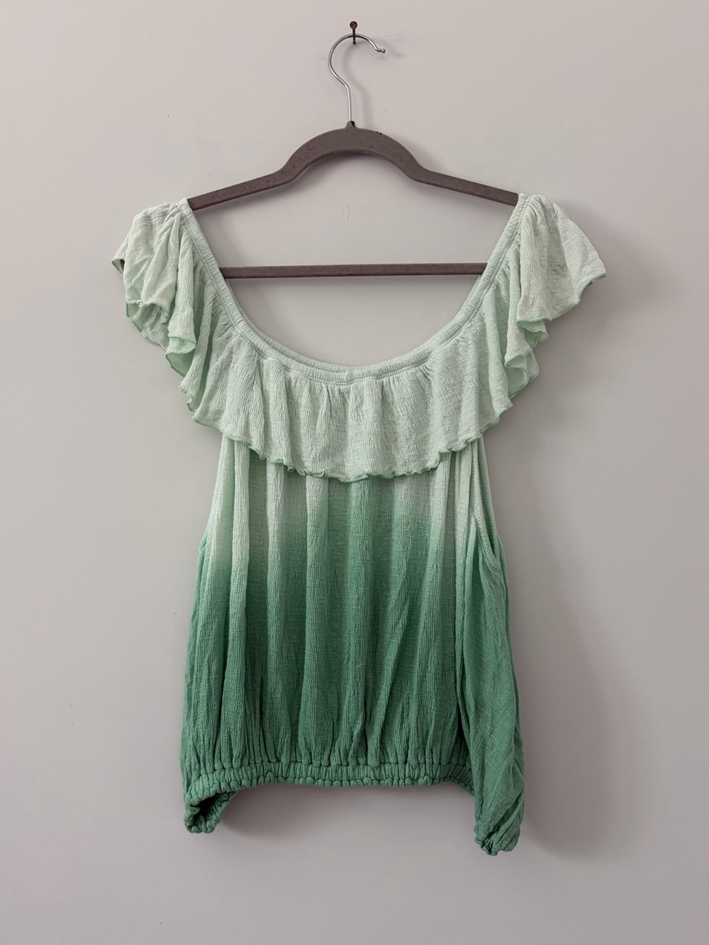 Free People Cora Lee Ombré Ruffle Off the Shoulder Green Tie Dye Top Boho M
